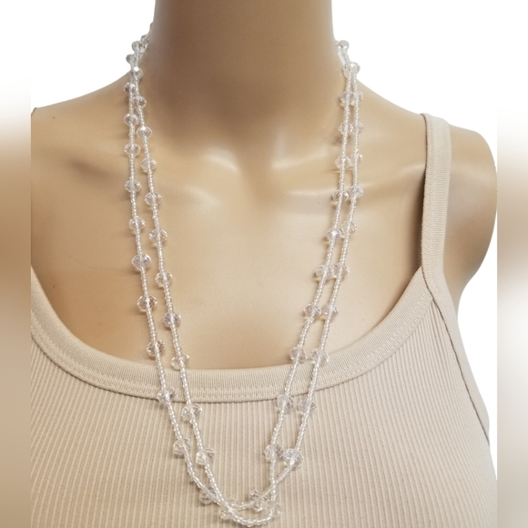 VINTAGE LONG SPARKLING FACETED GLASS CRYSTAL BEAD NECKLACE - Picture 1 of 4